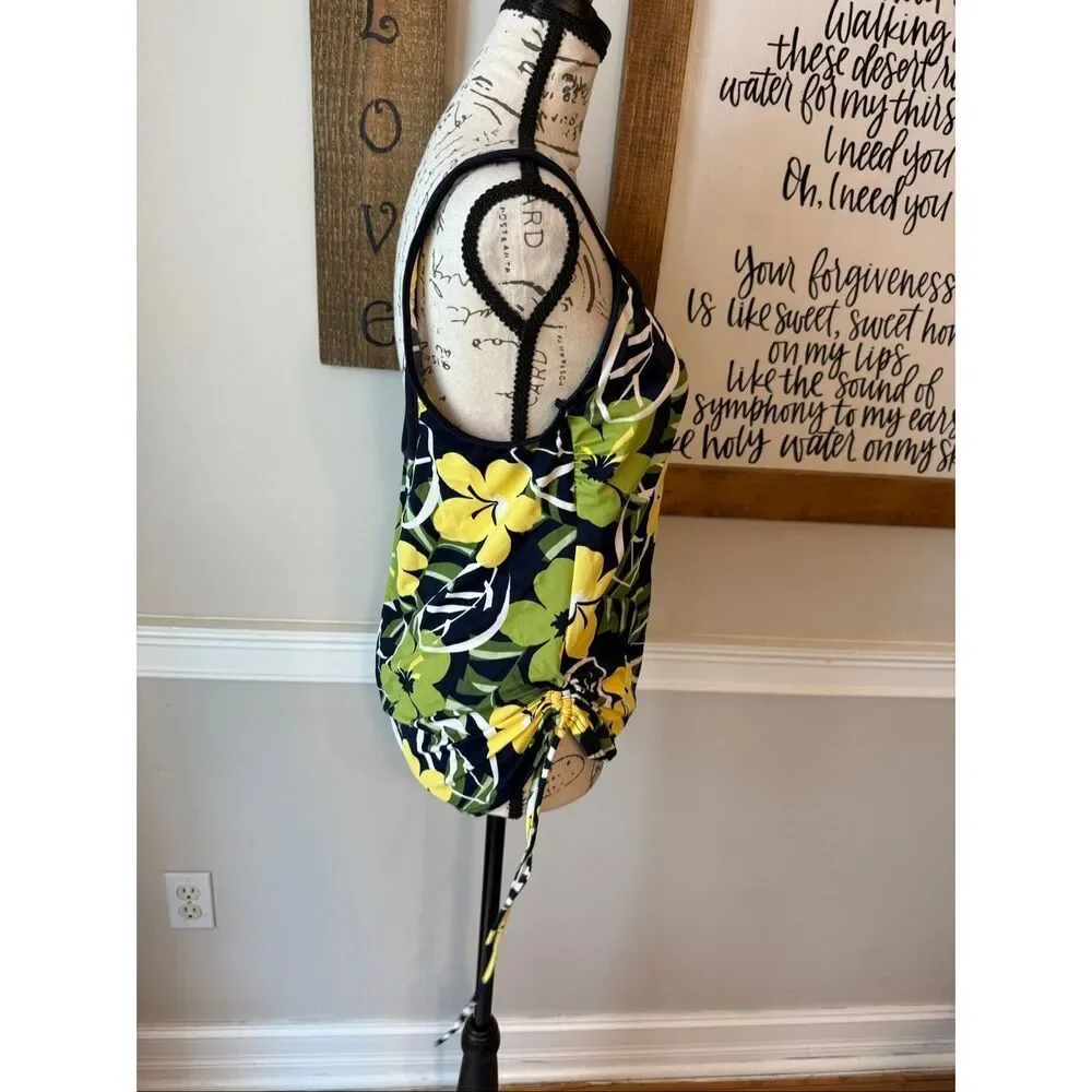 Baltex Women's Tropical Floral Square Scoop Neck Tankini Top Black Green Size 14
